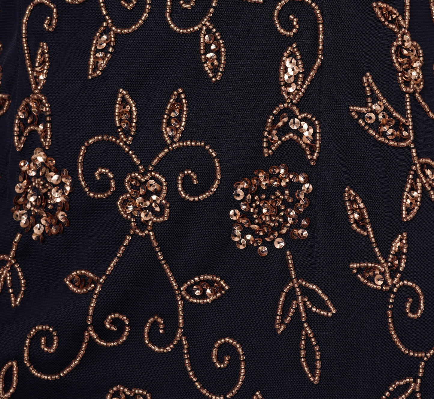 Floral Beaded Godet Gown With Sheer Neck And Short Sleeves In Navy Rosegold
