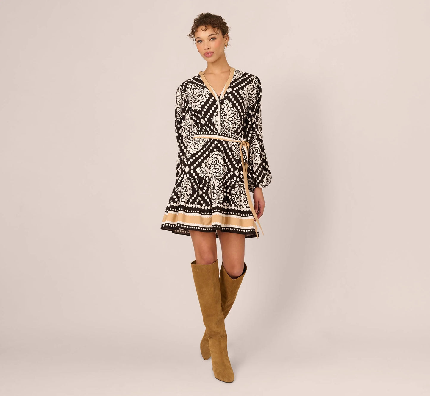 Bishop Sleeve Medallion Printed Short Dress In Black Ivory