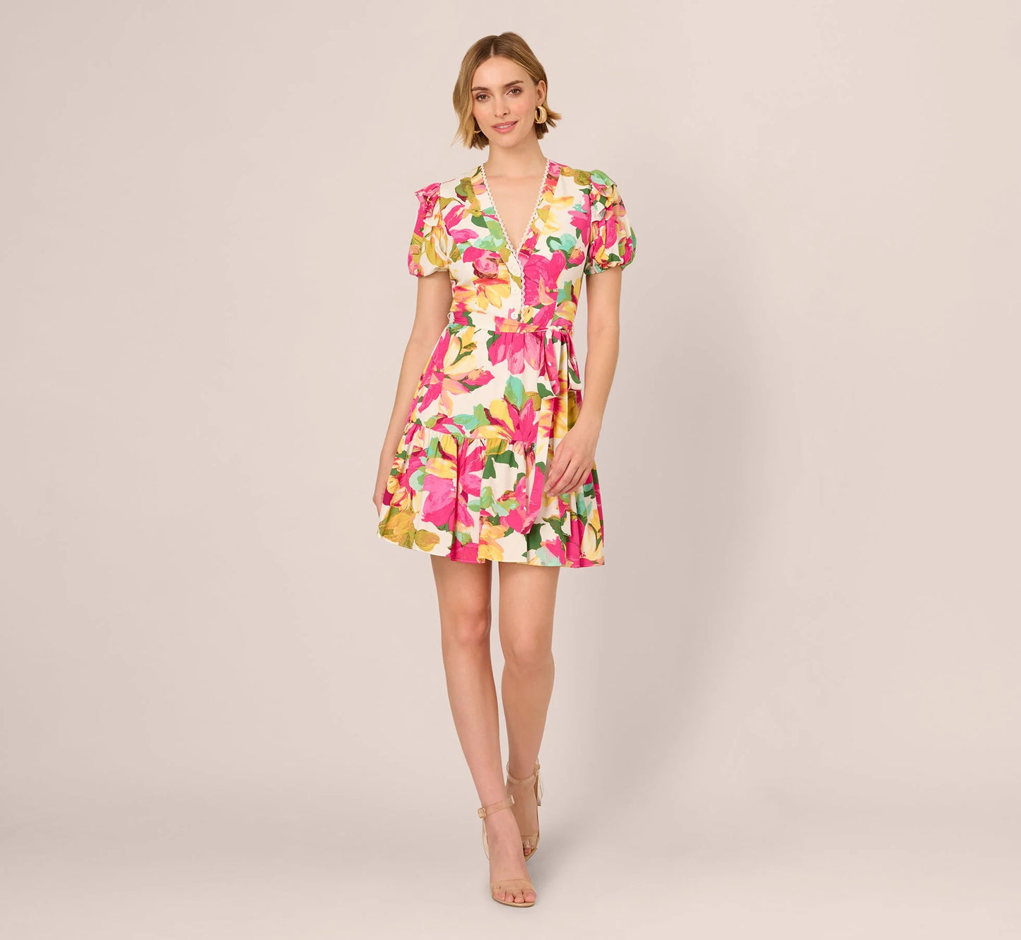 Puff Sleeve Flounce Mini Dress In White Multi
