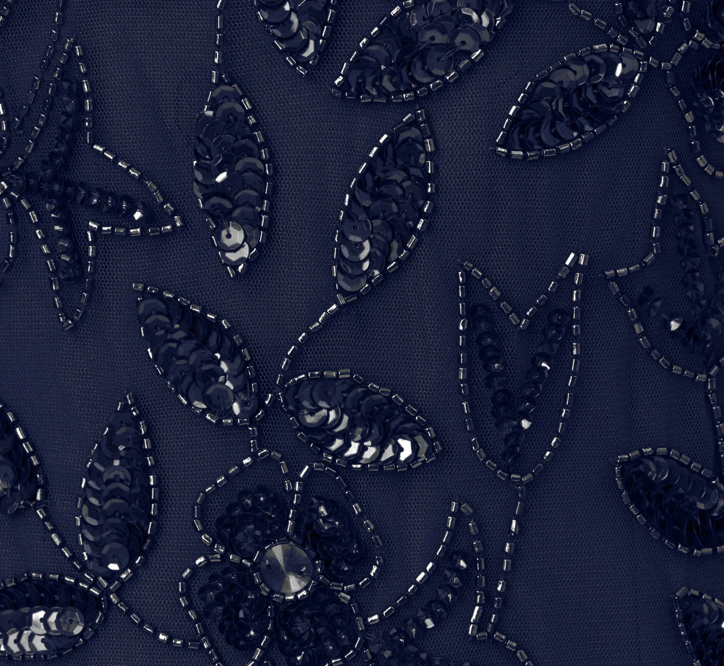 Hand Beaded Short Sleeve Floral Godet Gown In Light Navy