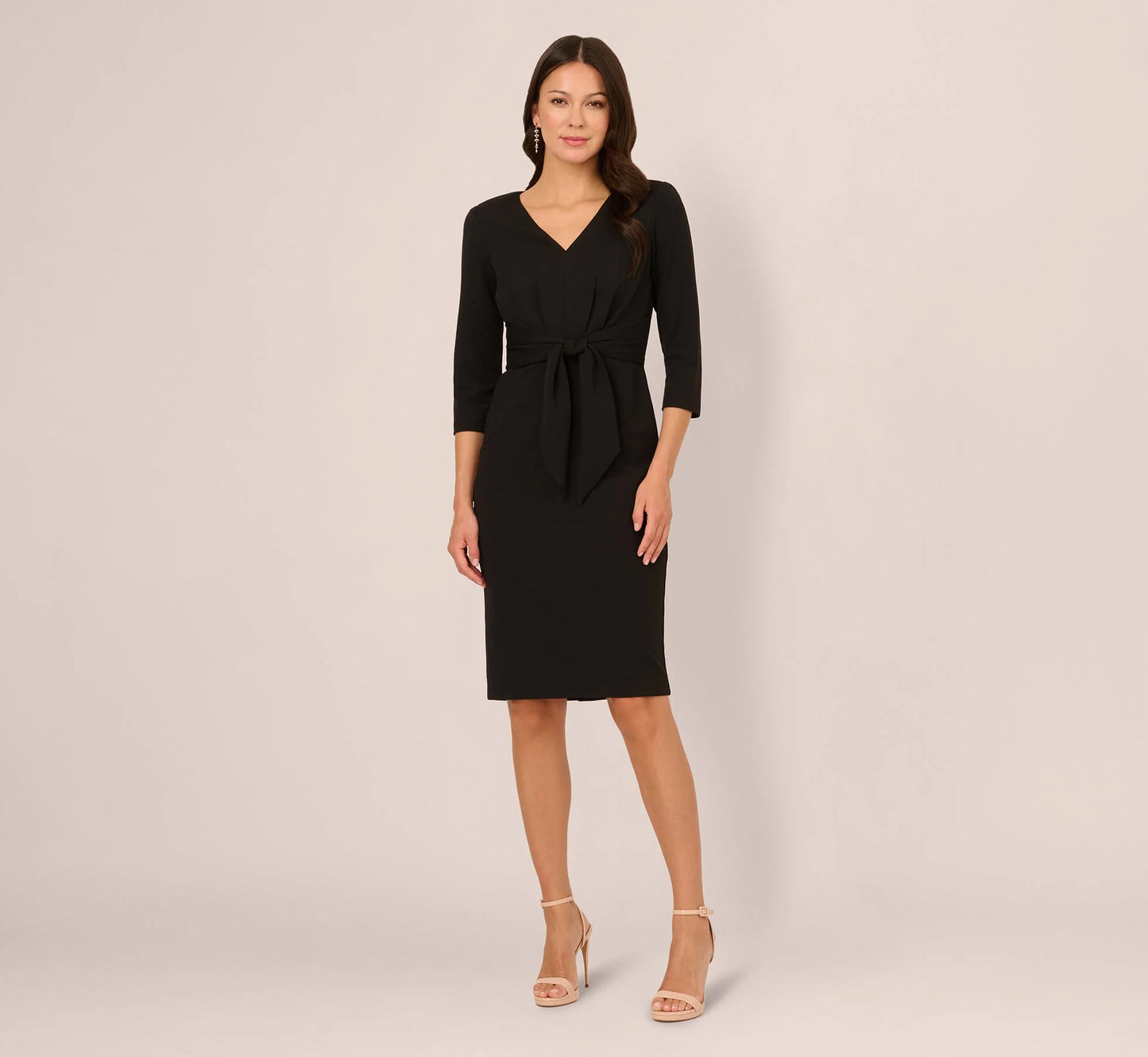 Three Quarter Sleeve Pleated Midi Dress With Tie Waist In Black