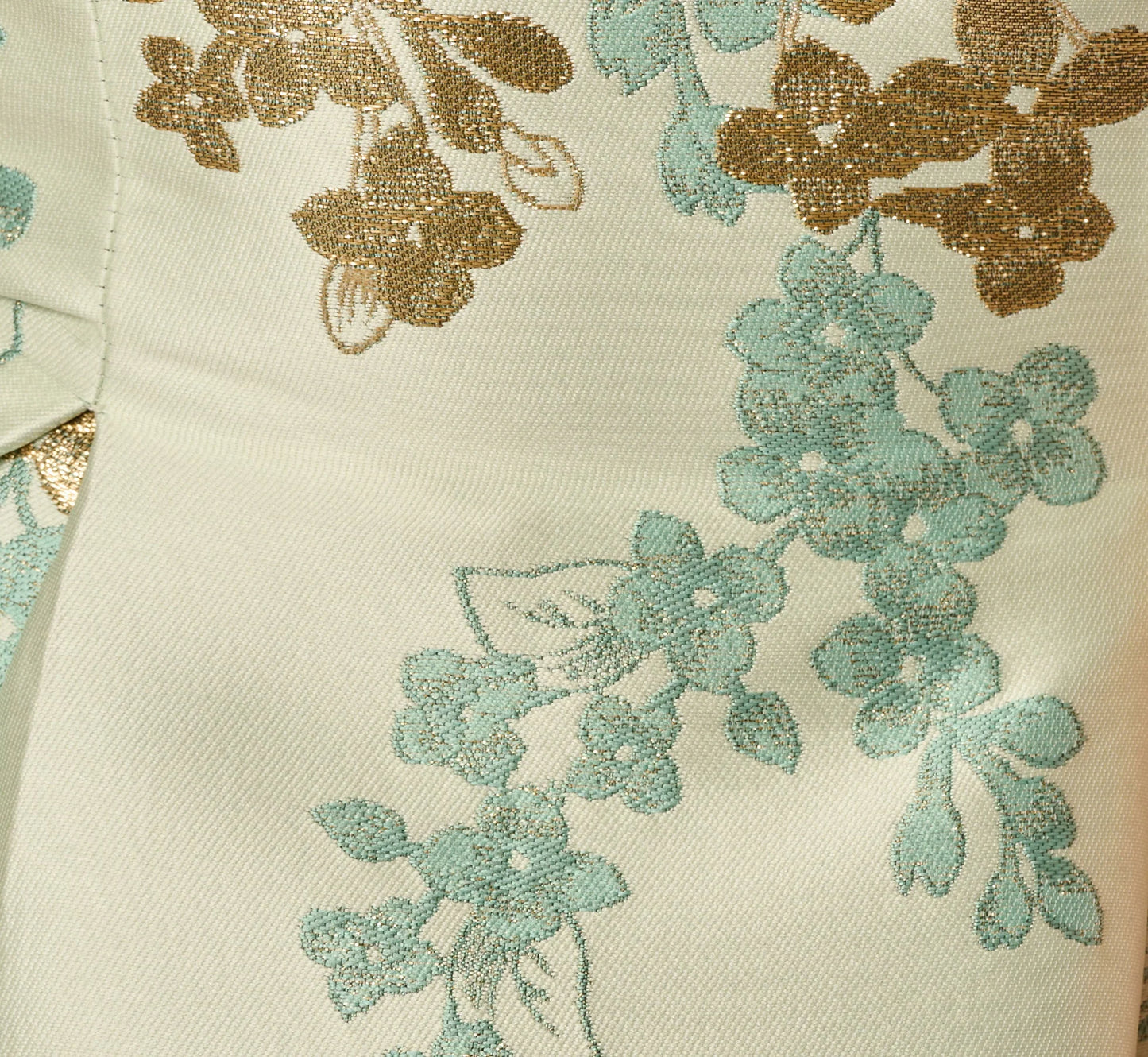 Floral Jacquard Ankle Length Dress With Off The Shoulder Neckline In Sage Gold