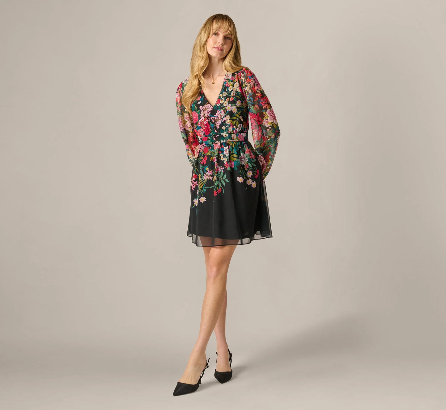 Long Sleeve Wildflower Print Short Dress In Black Multi