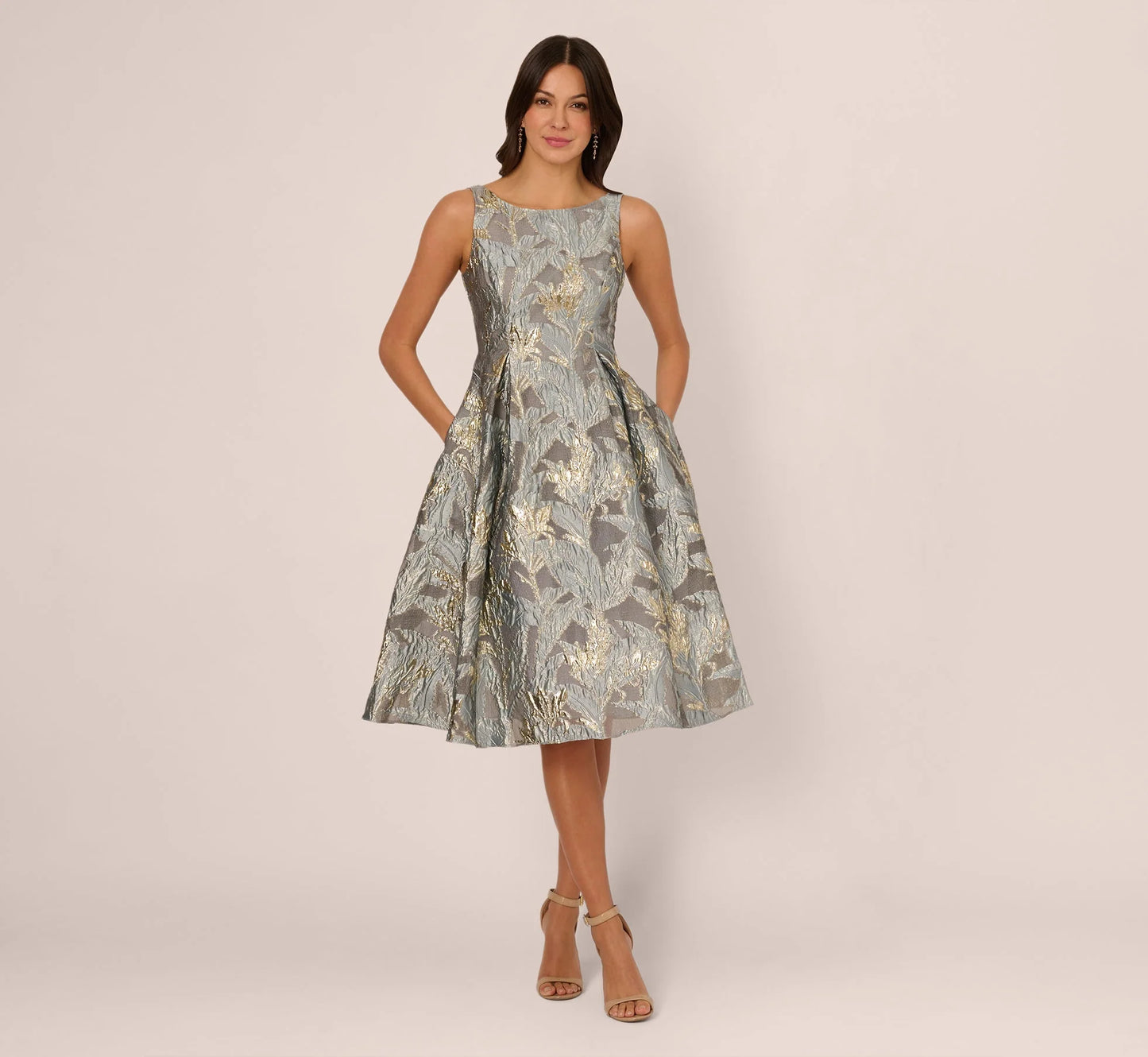 Tea Length Jacquard Dress With Sleeveless Bodic In Slate