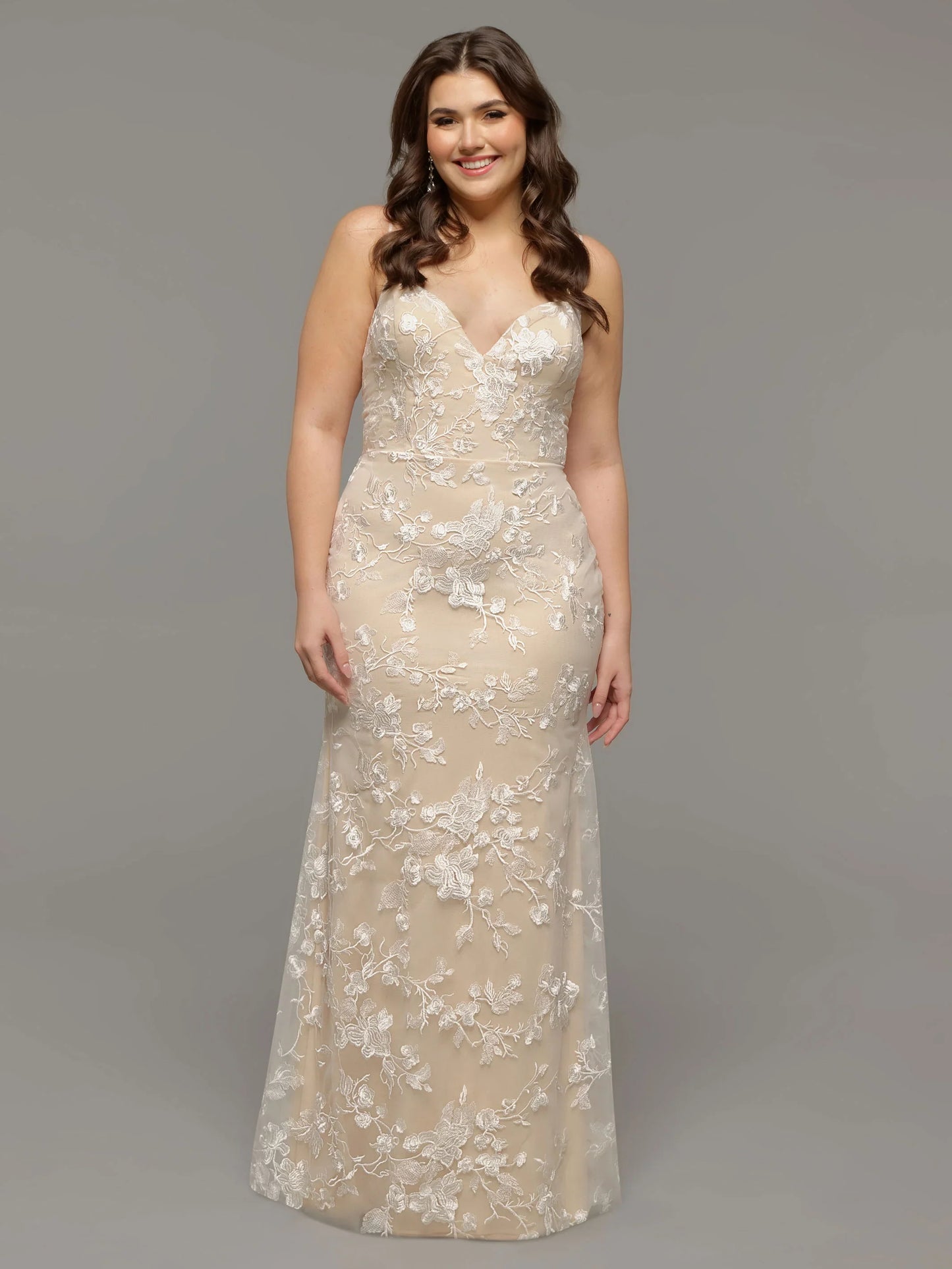 V NECK TULLE FIT AND FLARE WEDDING DRESS WITH LACE