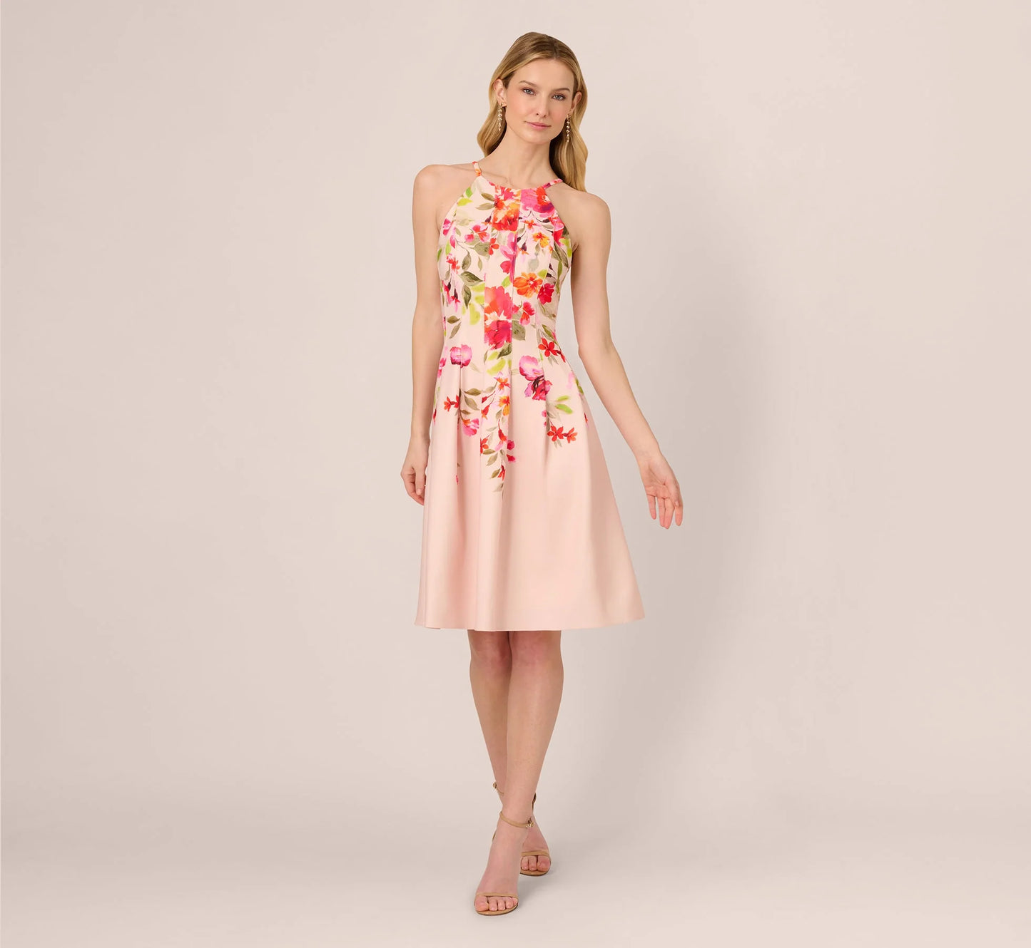 Floral Fit And Flare Halter Midi Dress In Champagne Multi