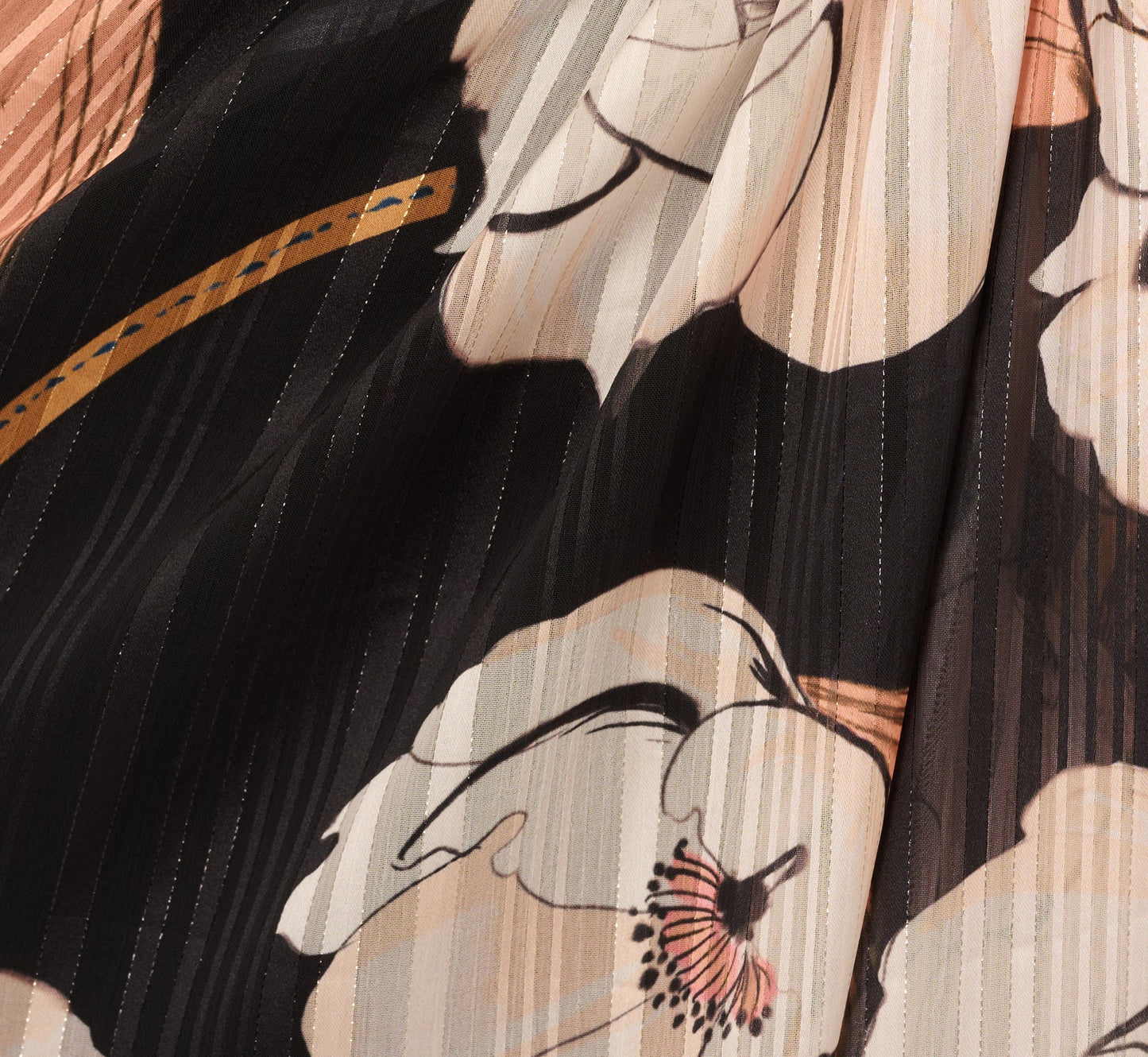 One Shoulder Floral Ribbon Stripe Gown In Black Multi