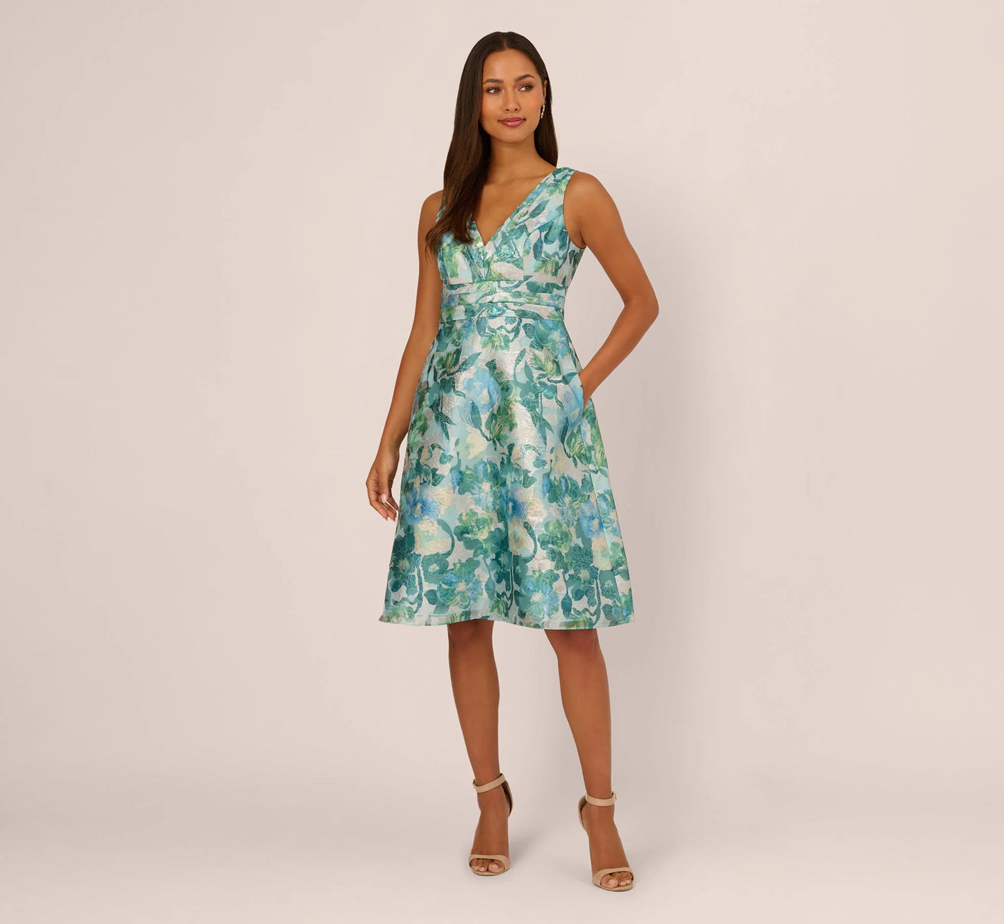 Metallic Floral Jacquard Midi Dress In Blue Multi
