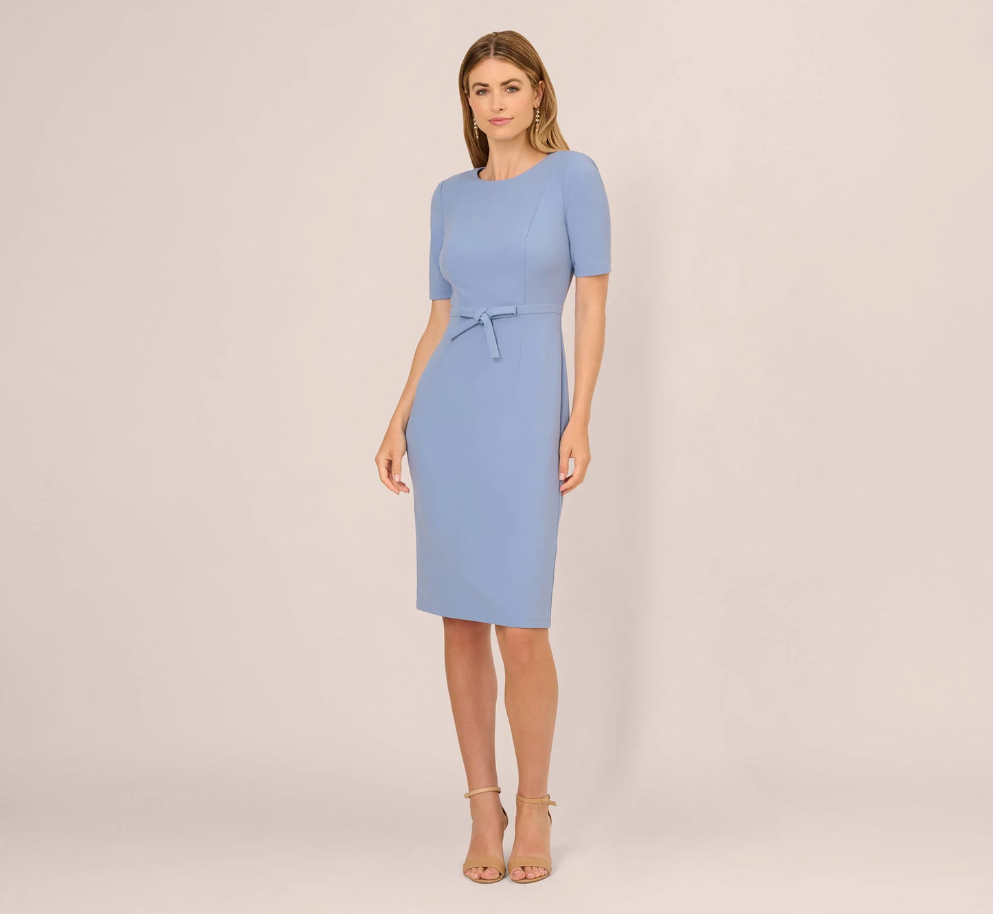 Short Sleeve Bow Waist Sheath Dress In French Blue