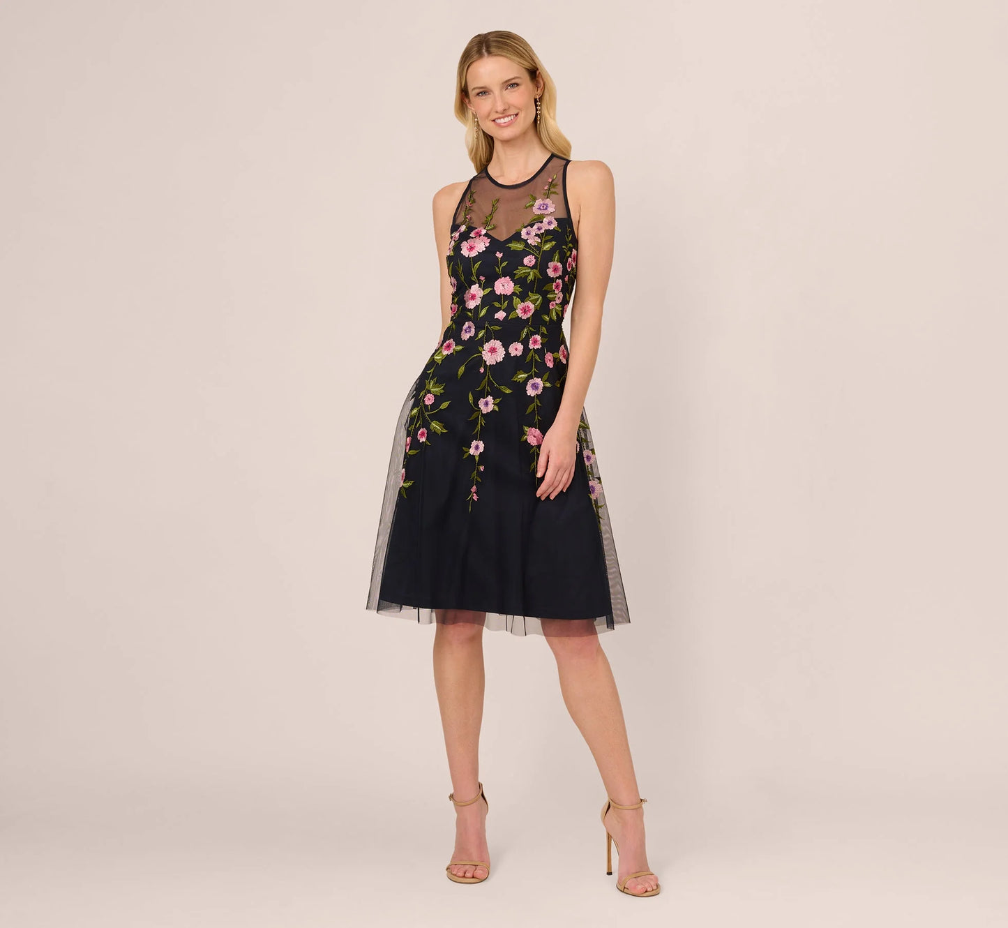 Floral Embroidered Illusion Midi Dress In Midnight Multi