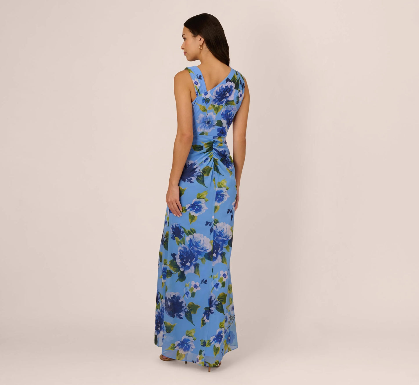 Asymmetrical Draped Floral Chiffon Gown In Blue Multi