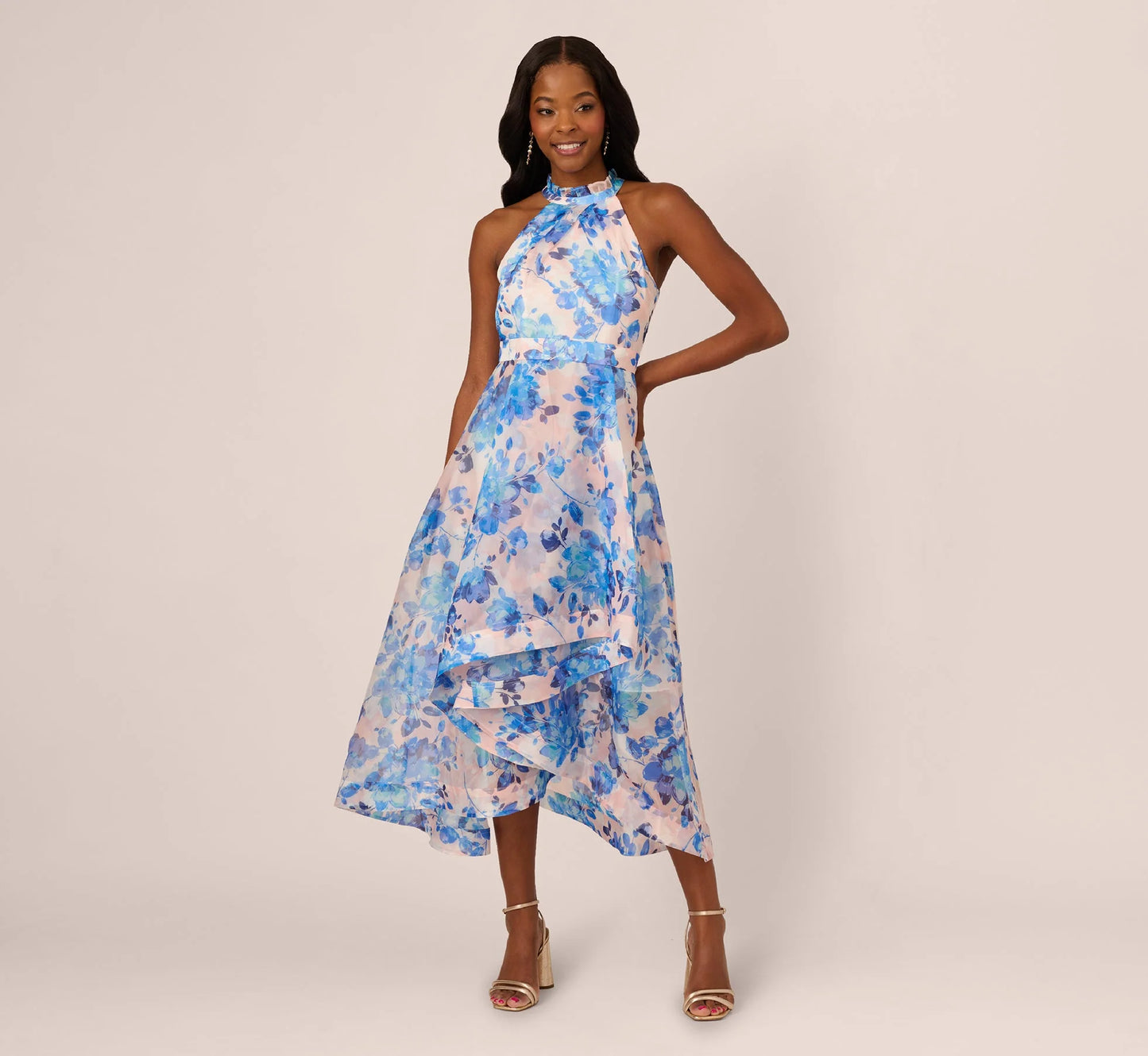 Sleeveless Floral Organza High Low Dress In Blush Blue Multi