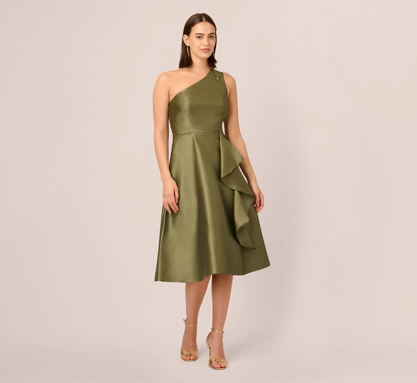 One Shoulder Beaded Detail Mikado Midi Dress In Jungle Olive