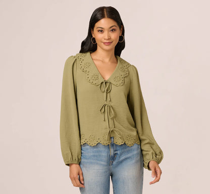 Long Sleeve Embroidered Eyelet Top In Matcha Green