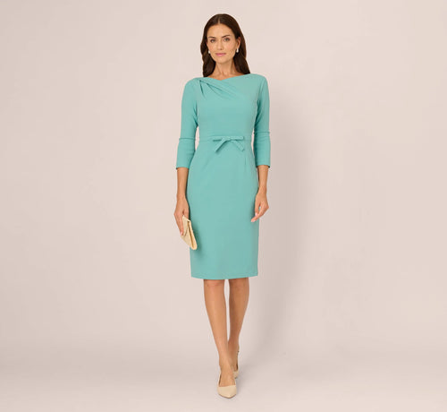 Three Quarter Sleeve Drape Collar Sheath Dress In Smoky Jade