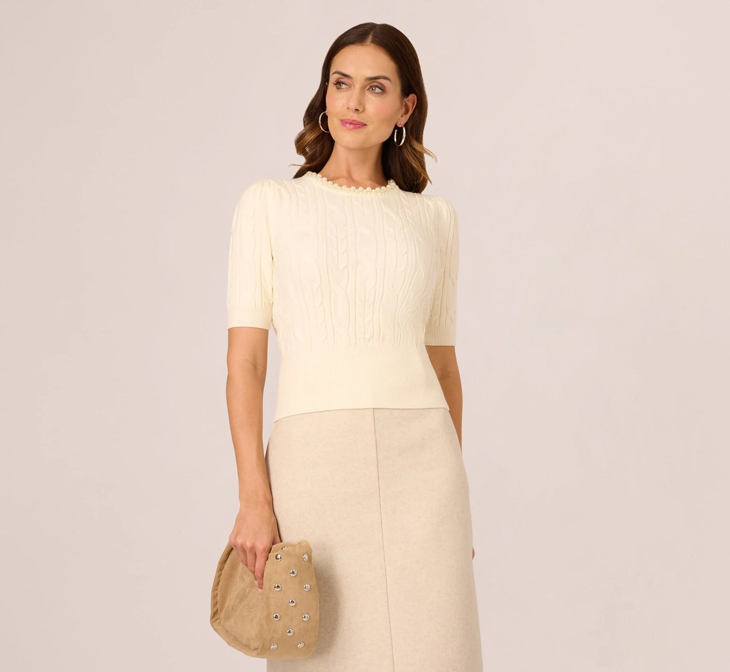 Short Sleeve Pearly Collar Sweater In Sugar Cream
