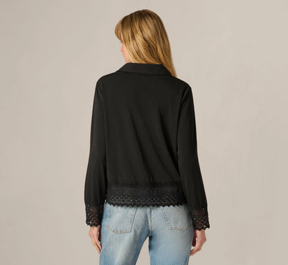 Long Sleeve Crochet Lace Collared Blouse In Black