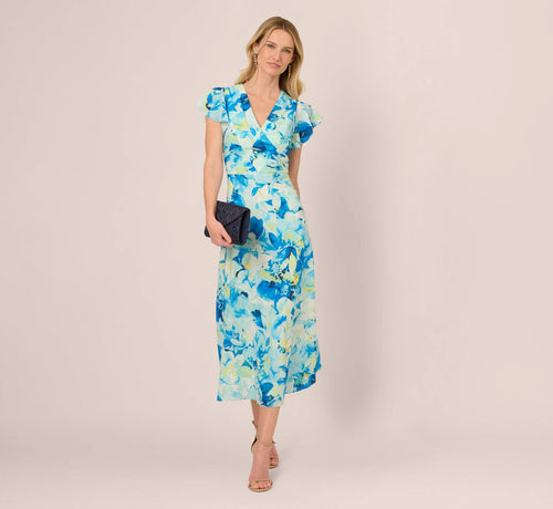 Flutter Sleeve Floral Chiffon Midi Dress In Blue Multi