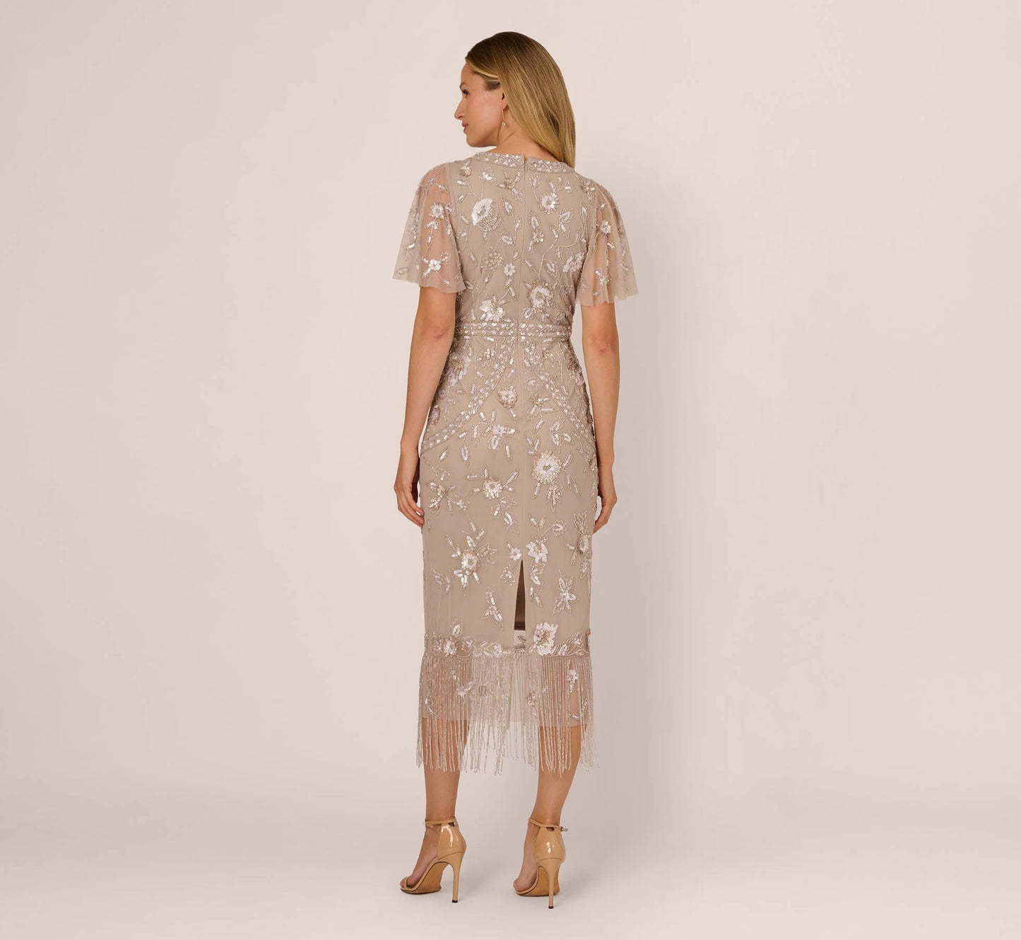 Flutter Sleeve Floral Beaded Fringe Midi Dress In Marble