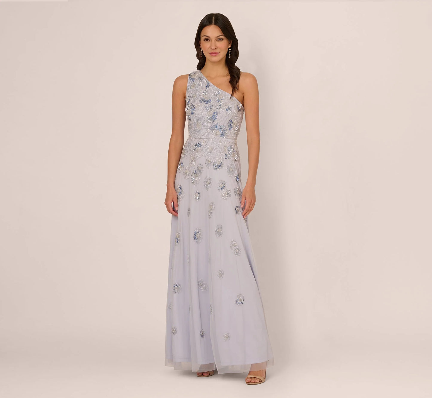 One Shoulder Beaded Mesh Gown In Serenity