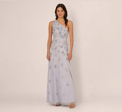 One Shoulder Beaded Mesh Gown In Serenity