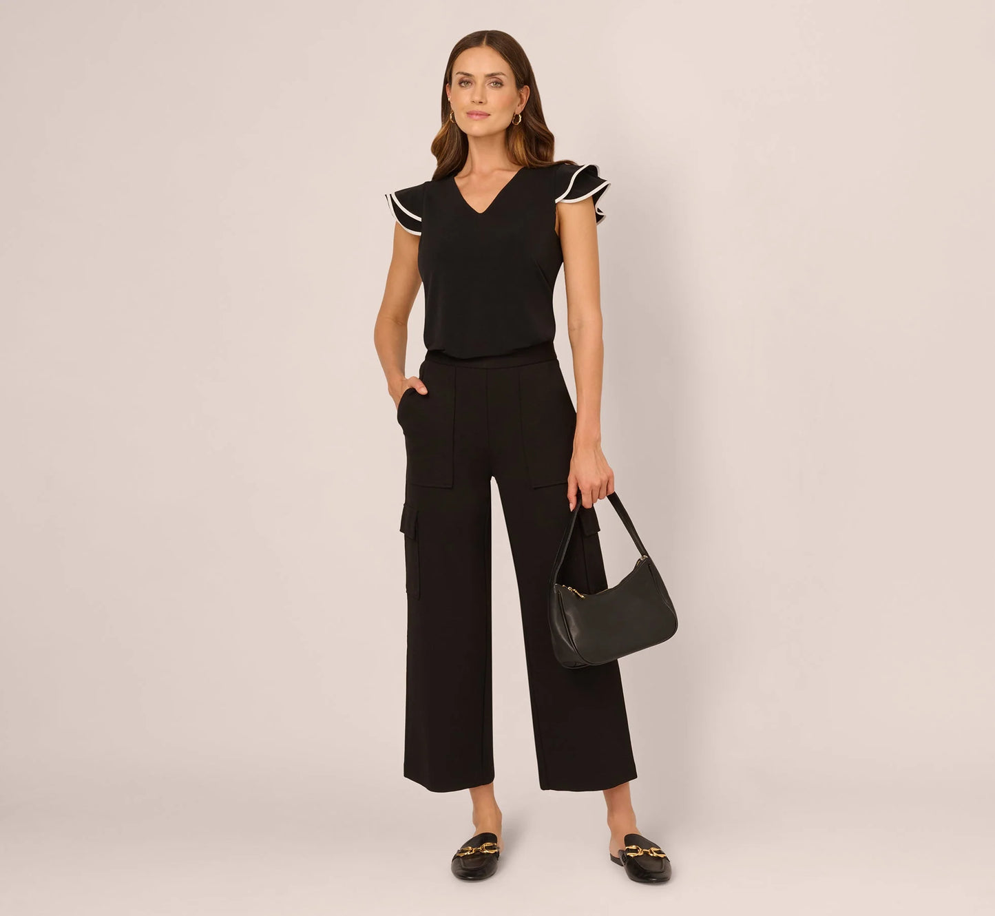 Flutter Sleeve Contrast Tipped Top In Black Ivory