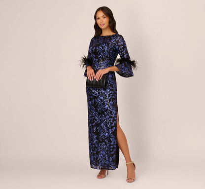 Sequin Embroidered Gown In Black Blue