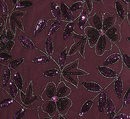 Plus Size Hand Beaded Short Sleeve Floral Godet Gown In Night Plum