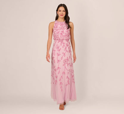 Sleeveless Blouson Mermaid Gown With Jasmine Beading In Pink Lace