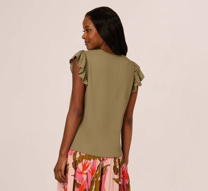 Flutter Sleeve Rib Knit Top In Army Green