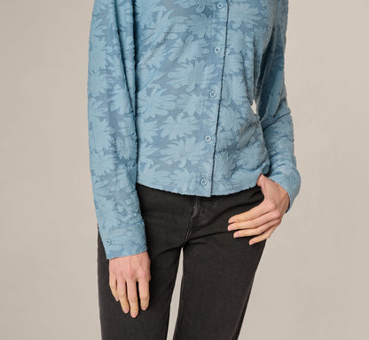 Long Sleeve Semisheer Burnout Floral Blouse In Stone Blue
