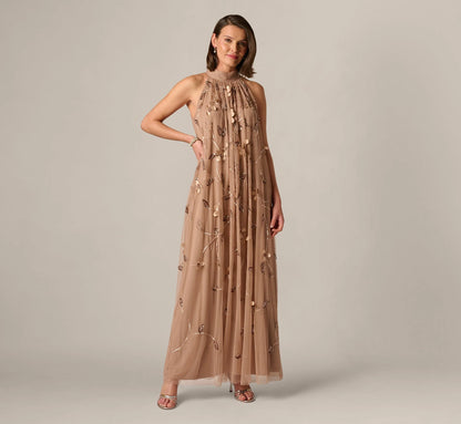 3D Floral Sequin Bead Trapeze Gown In Cafe Mocha