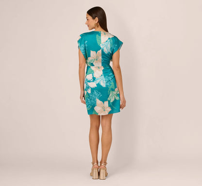 Short Sleeve Tropical Floral Short Wrap Dress In Blue Multi