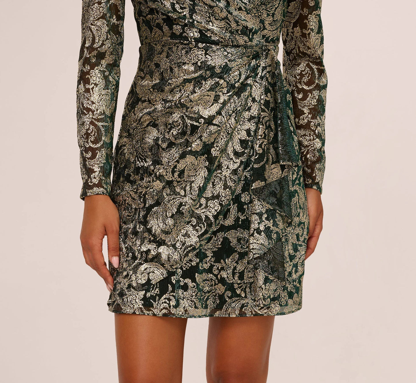 Long Sleeve Metallic Sheath Dress In Green Gold