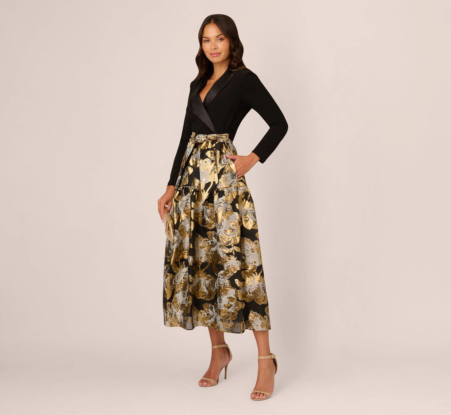 Combo Floral Jacquard Dress In Black Gold