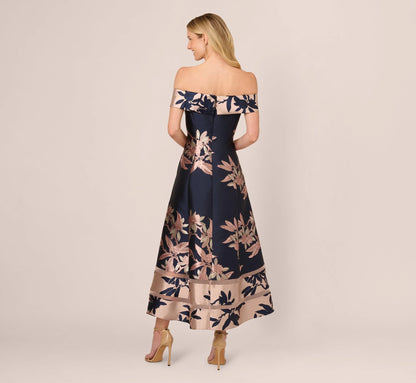 Off Shoulder 2 Tone Jacquard Fit And Flare Midi Dress In Navy Blush