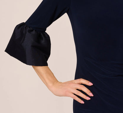Draped Jersey Short Sheath Dress With Bell Cuffs In Midnight