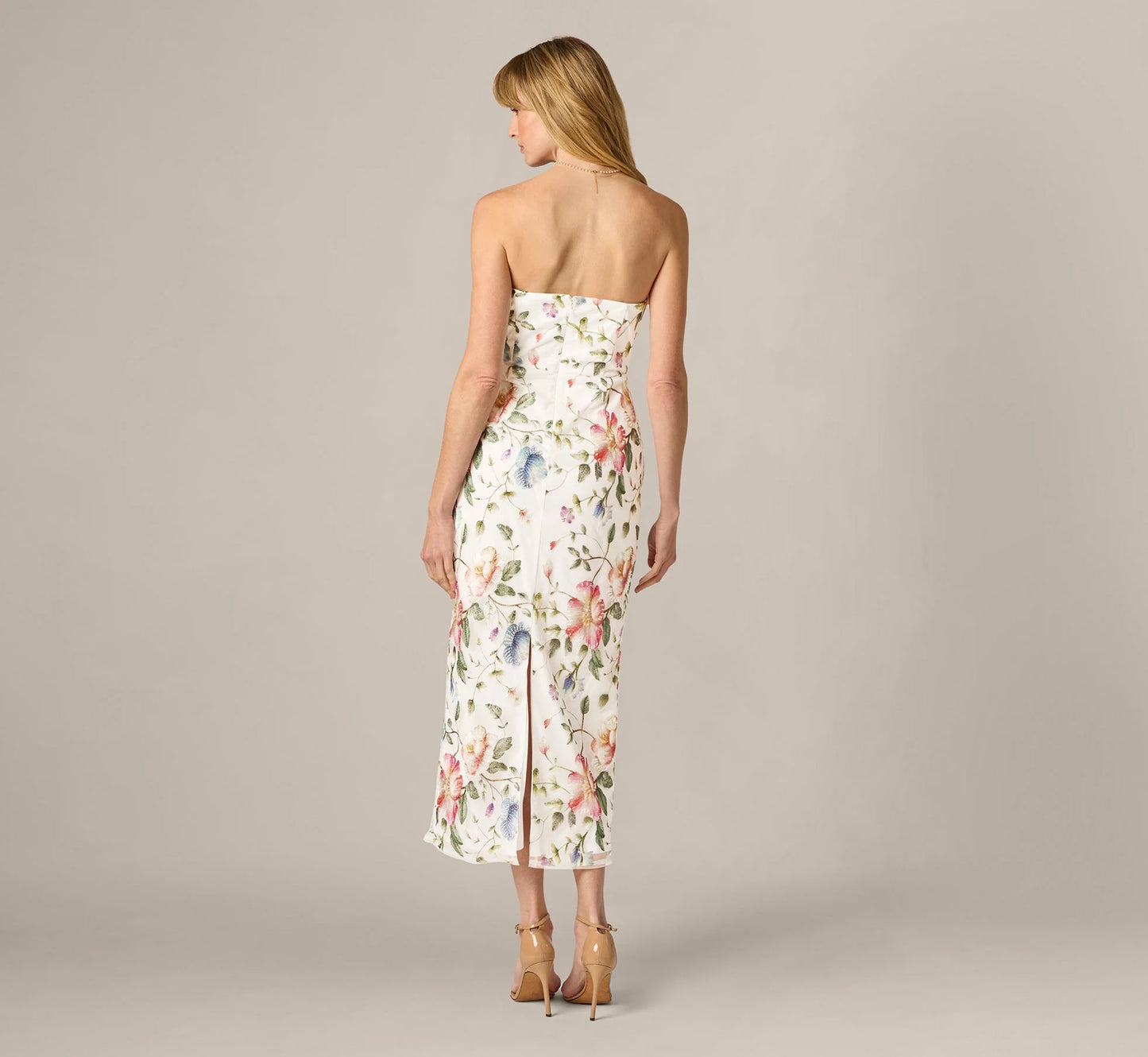 Strapless Floral Beaded Embroidery Midi Dress In Ivory Multi