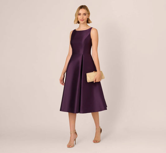 Sleeveless Mikado Fit And Flare Midi Dress With V-Back In Luxe Plum