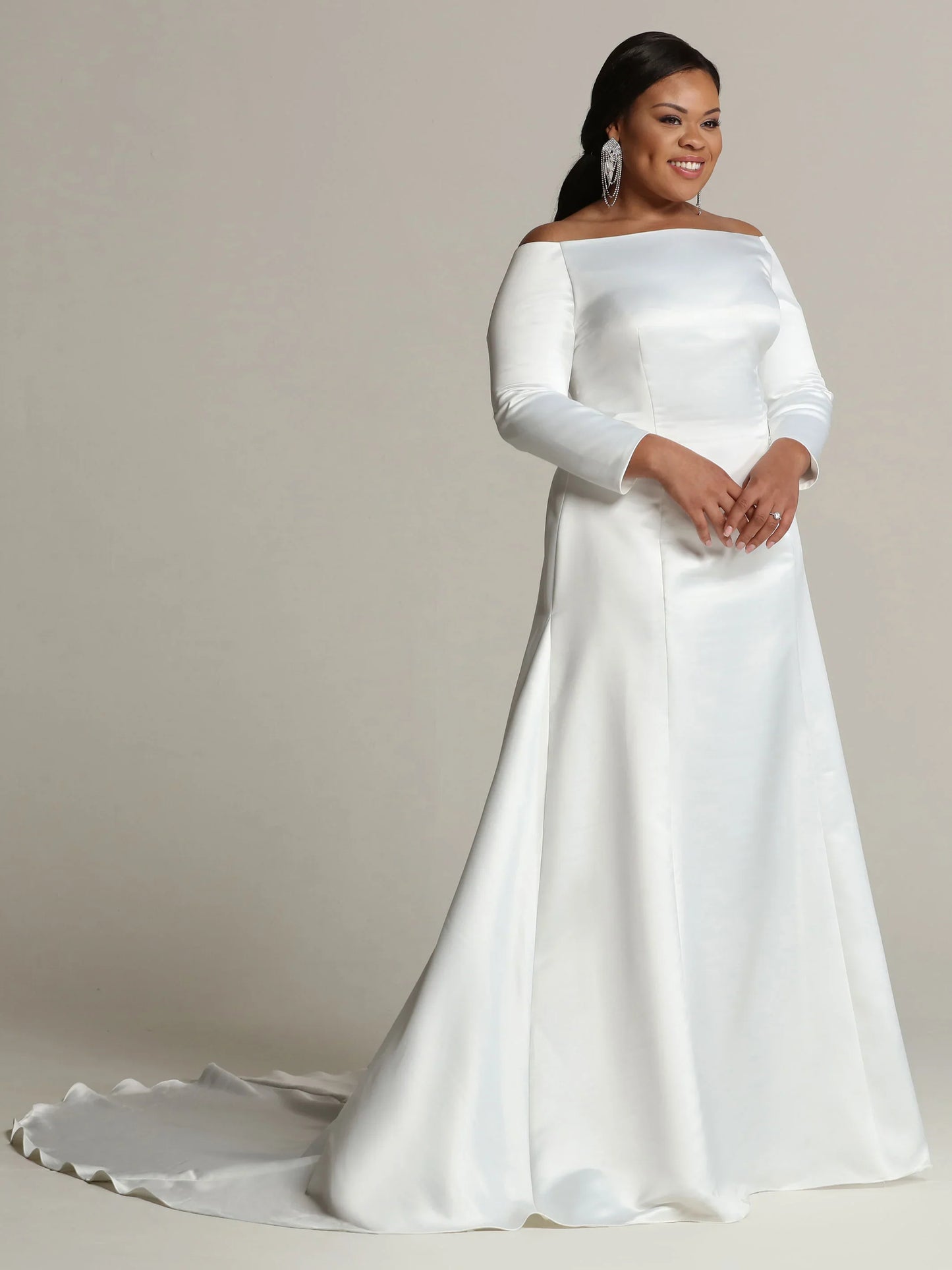 SATIN FIT AND FLARE WEDDING DRESS WITH LONG SLEEVES