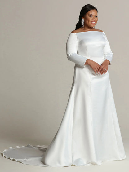 SATIN FIT AND FLARE WEDDING DRESS WITH LONG SLEEVES