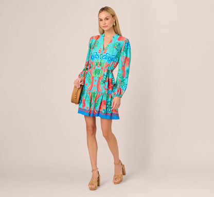 Long Sleeve Printed Flounce Dress In Blue Multi