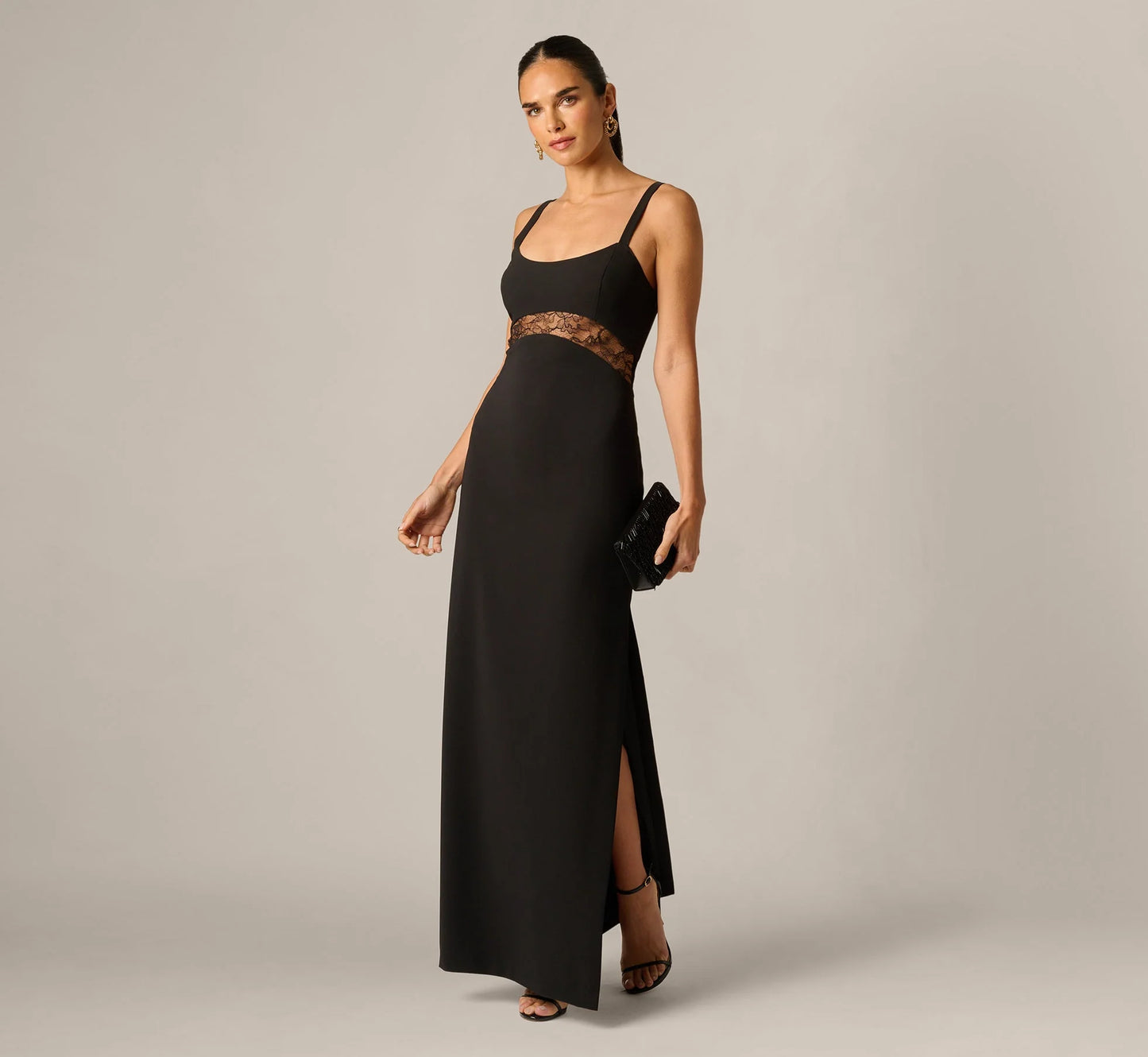 Sleeveless Lace Cutout Column Gown In Black