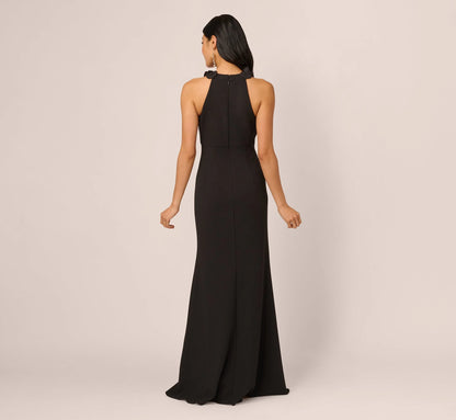 Floral Embellished Crossover Halter Gown In Black
