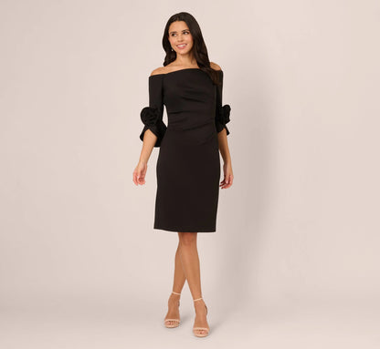 Off Shoulder Three Quarter Rosette Sleeve Cocktail Dress In Black