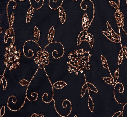 Floral Beaded Godet Gown With Sheer Neck And Short Sleeves In Navy Rosegold