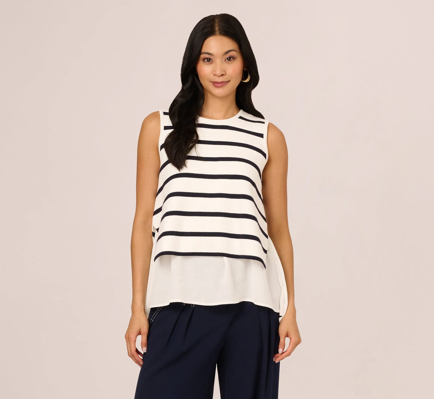 Tie Back Twofer Tank Sweater In Ivory Navy W  Ivory