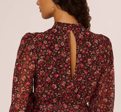 Long Sleeve Ditsy Floral Chiffon Midi Dress In Black Multi