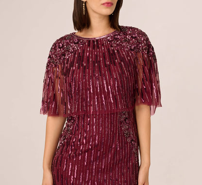 Linear Bead Cape Column Gown In Mahogany