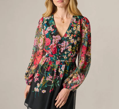 Long Sleeve Wildflower Print Short Dress In Black Multi